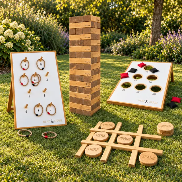 Starter-Paket: Jenga, Tic Tac Toe, MoreHole, Ringwurfspiel